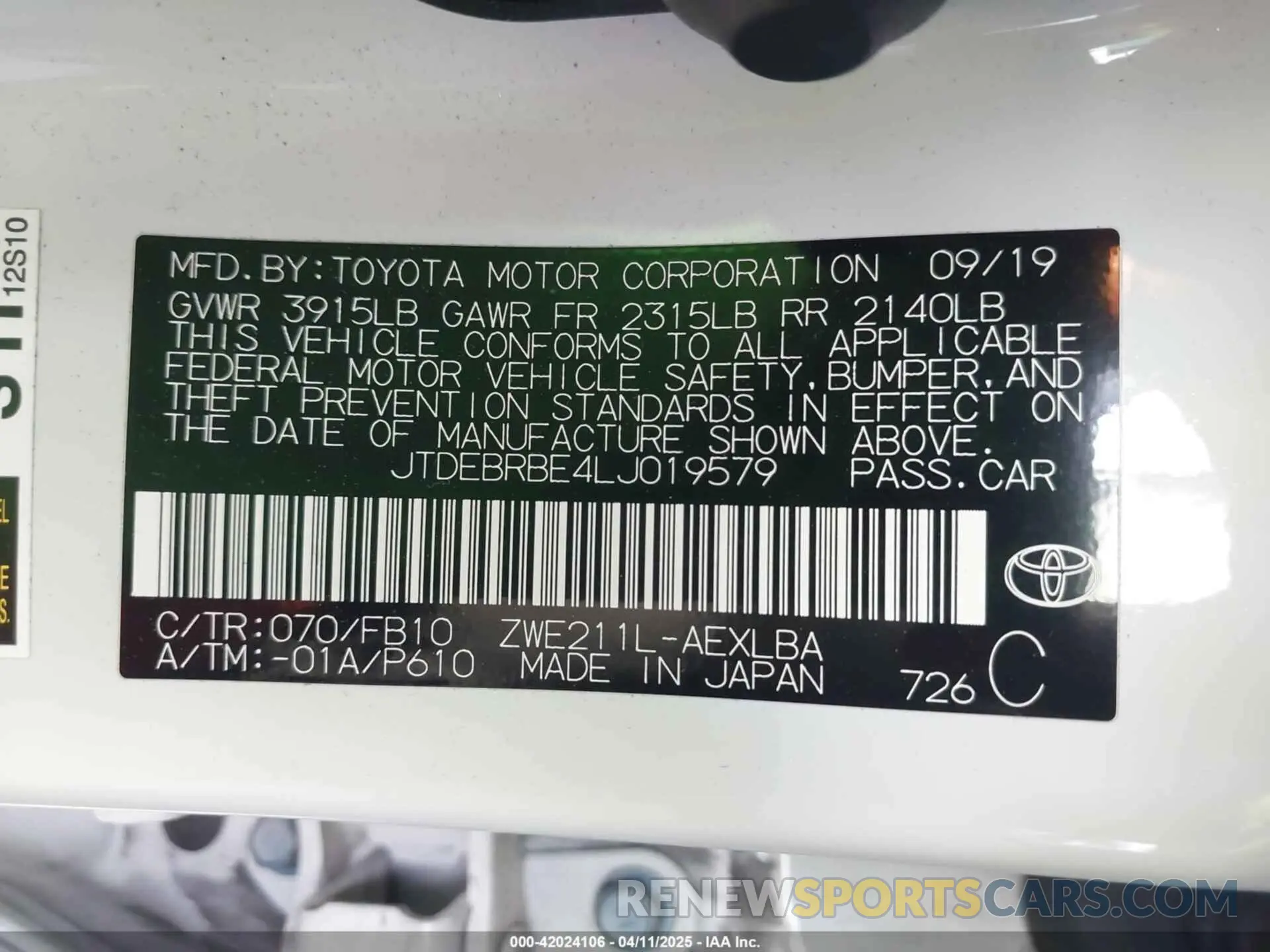 9 Фотография поврежденного автомобиля JTDEBRBE4LJ019579 TOYOTA COROLLA 2020