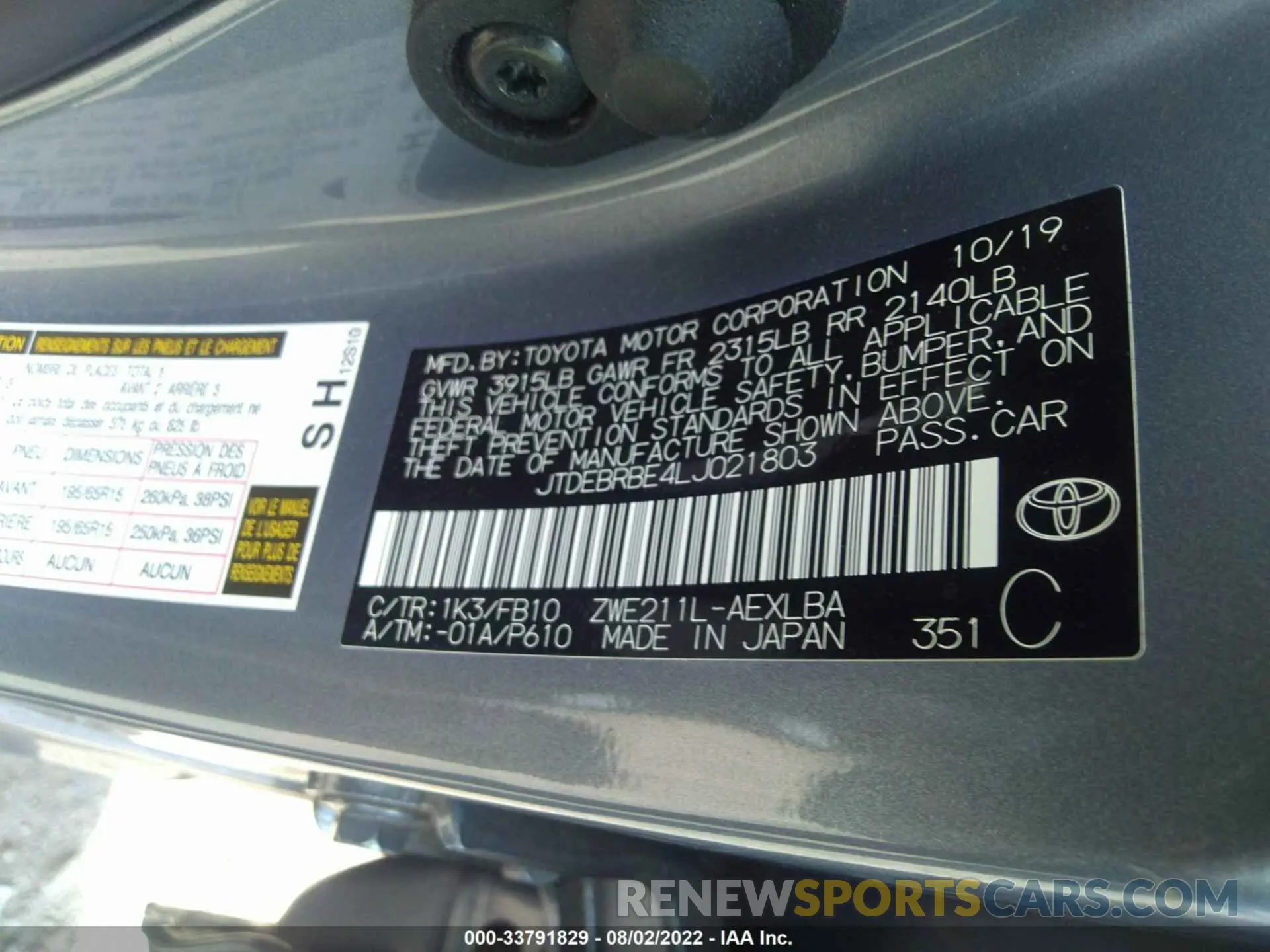 9 Фотография поврежденного автомобиля JTDEBRBE4LJ021803 TOYOTA COROLLA 2020