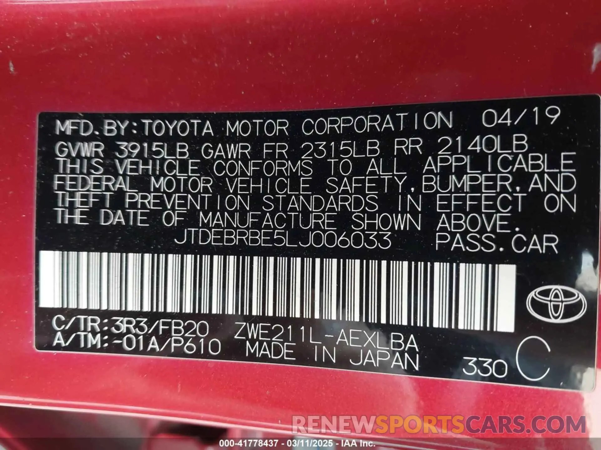 9 Фотография поврежденного автомобиля JTDEBRBE5LJ006033 TOYOTA COROLLA 2020