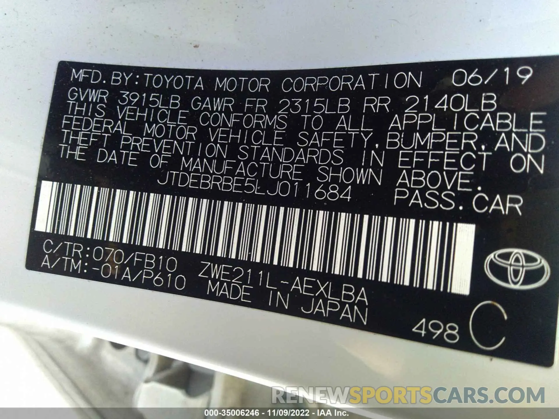 9 Photograph of a damaged car JTDEBRBE5LJ011684 TOYOTA COROLLA 2020