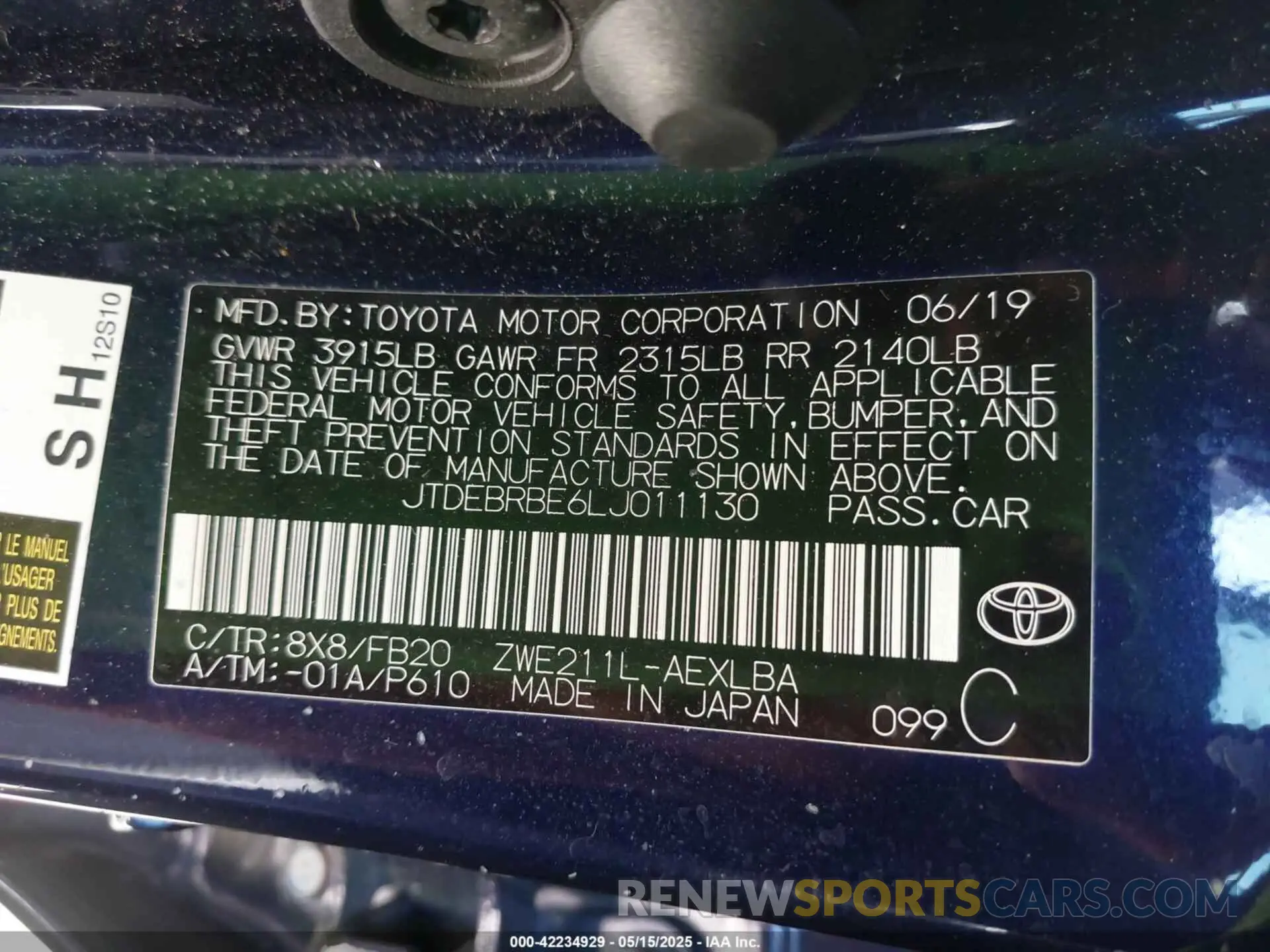 9 Фотография поврежденного автомобиля JTDEBRBE6LJ011130 TOYOTA COROLLA 2020