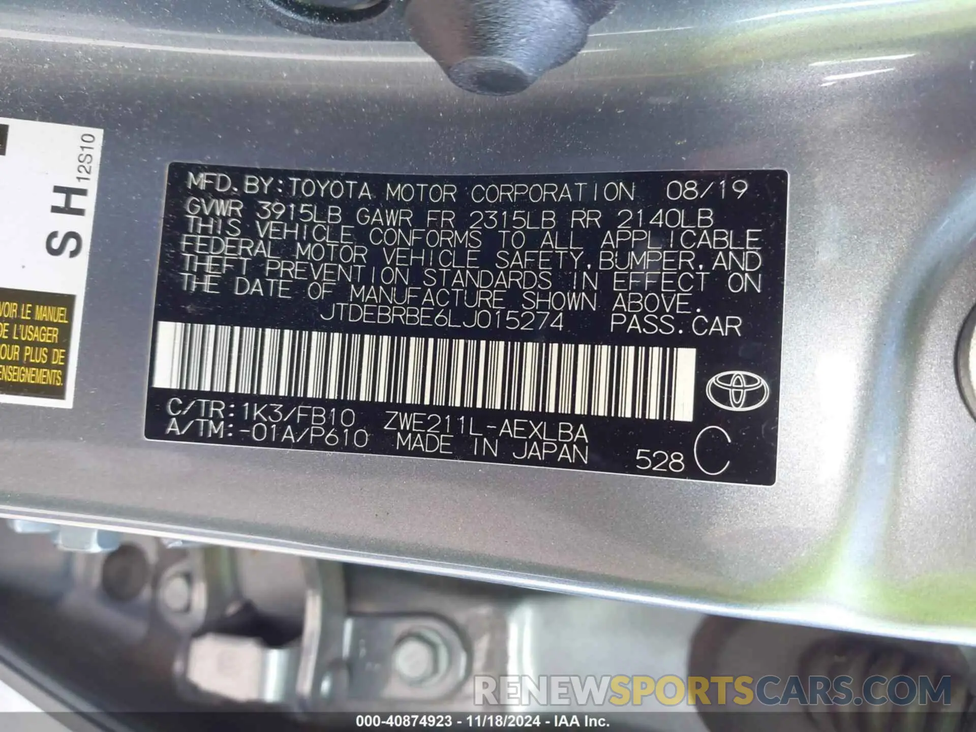 9 Фотография поврежденного автомобиля JTDEBRBE6LJ015274 TOYOTA COROLLA 2020