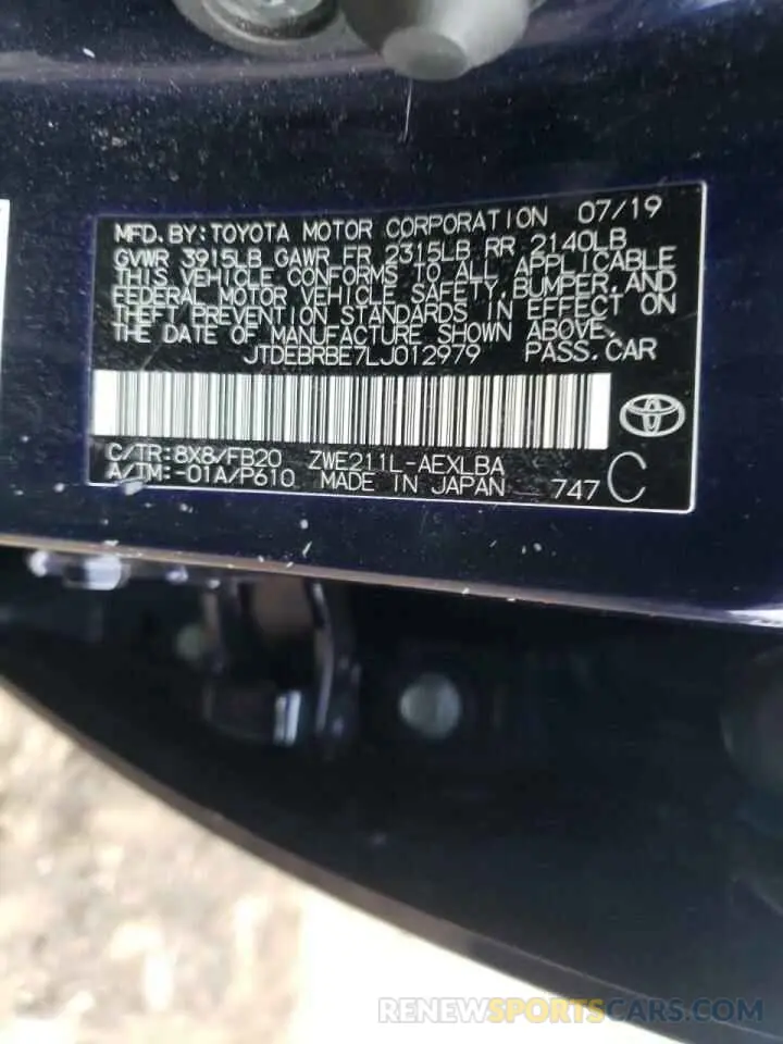 10 Photograph of a damaged car JTDEBRBE7LJ012979 TOYOTA COROLLA 2020