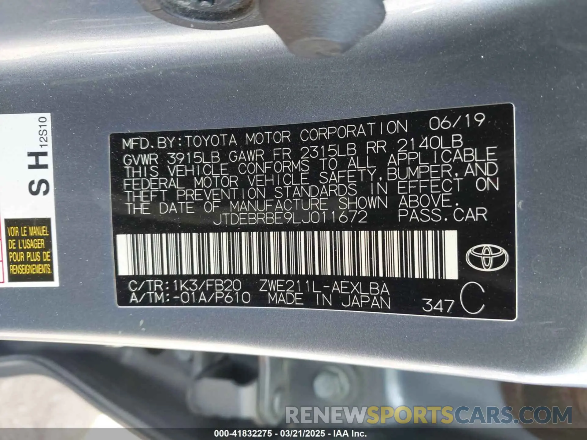 9 Фотография поврежденного автомобиля JTDEBRBE9LJ011672 TOYOTA COROLLA 2020