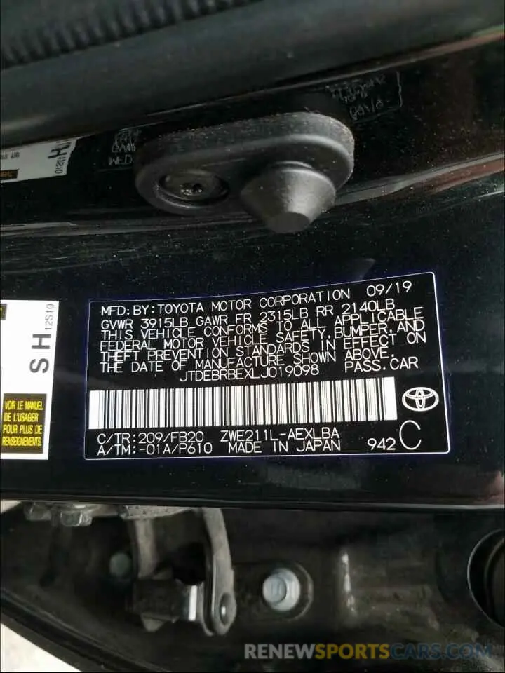 10 Photograph of a damaged car JTDEBRBEXLJ019098 TOYOTA COROLLA 2020