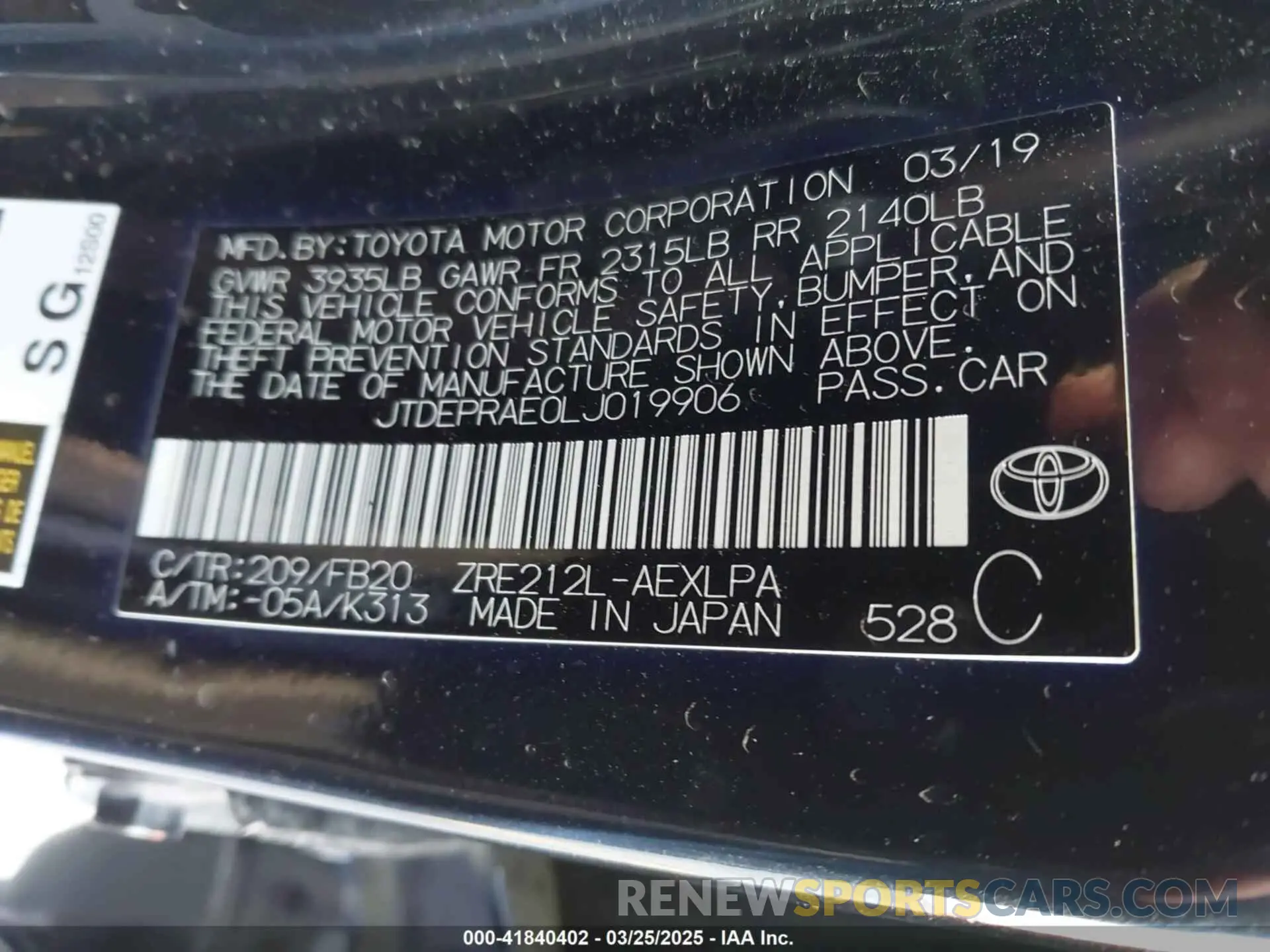 9 Фотография поврежденного автомобиля JTDEPRAE0LJ019906 TOYOTA COROLLA 2020