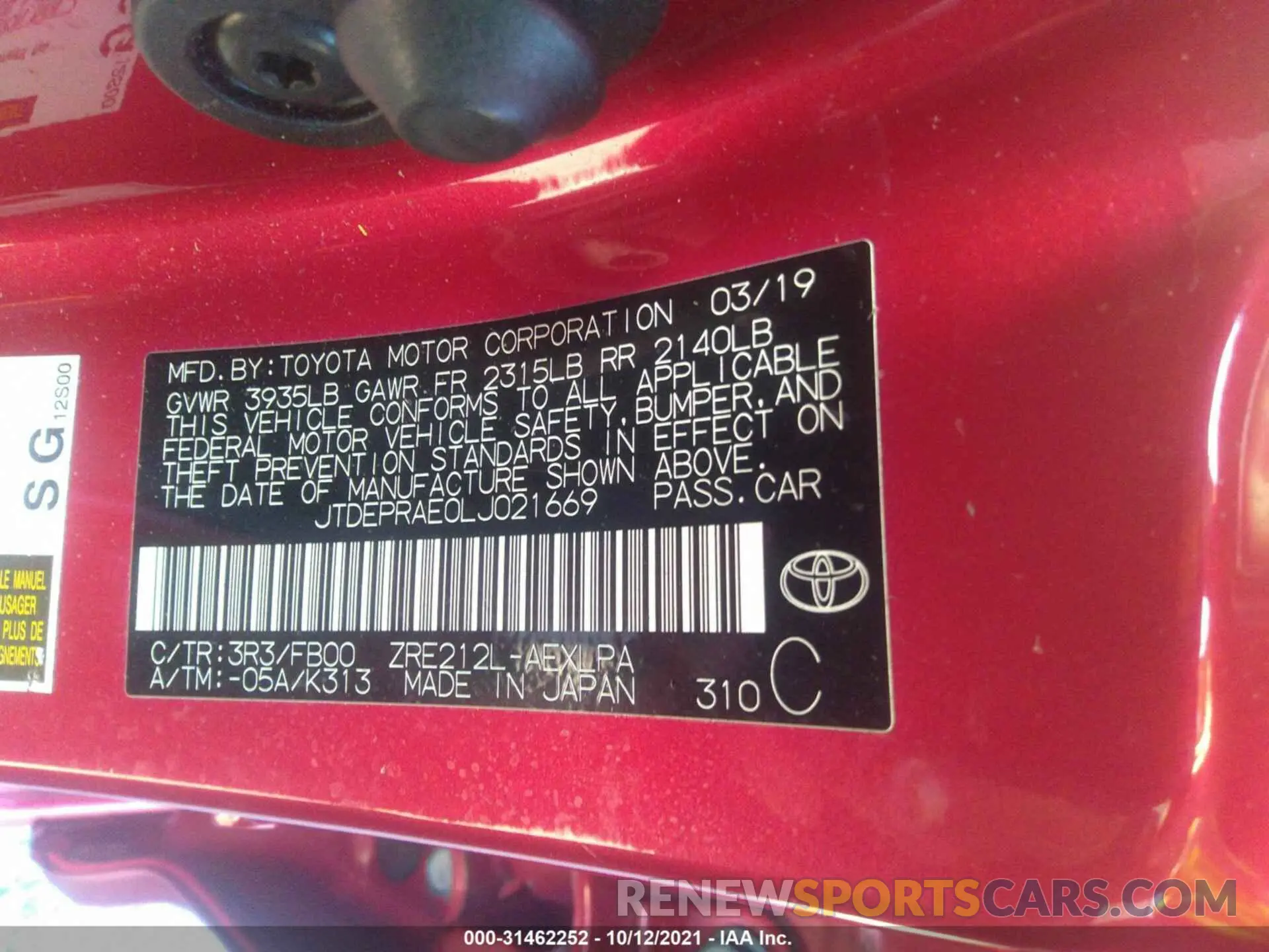 9 Photograph of a damaged car JTDEPRAE0LJ021669 TOYOTA COROLLA 2020