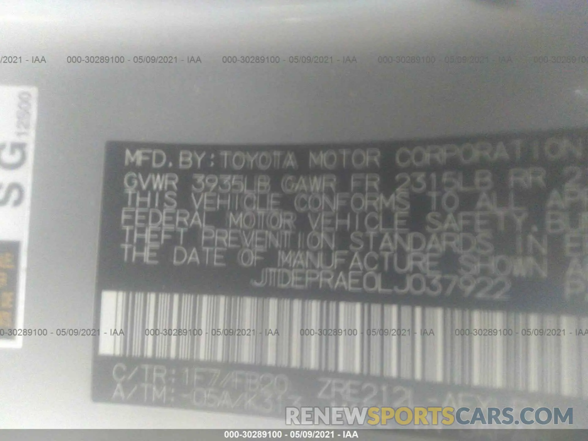 9 Photograph of a damaged car JTDEPRAE0LJ037922 TOYOTA COROLLA 2020