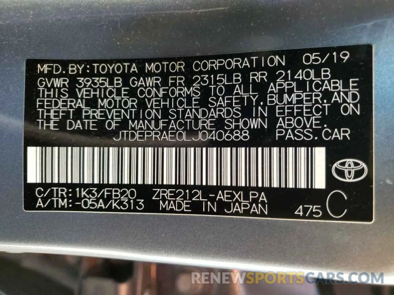 10 Photograph of a damaged car JTDEPRAE0LJ040688 TOYOTA COROLLA 2020