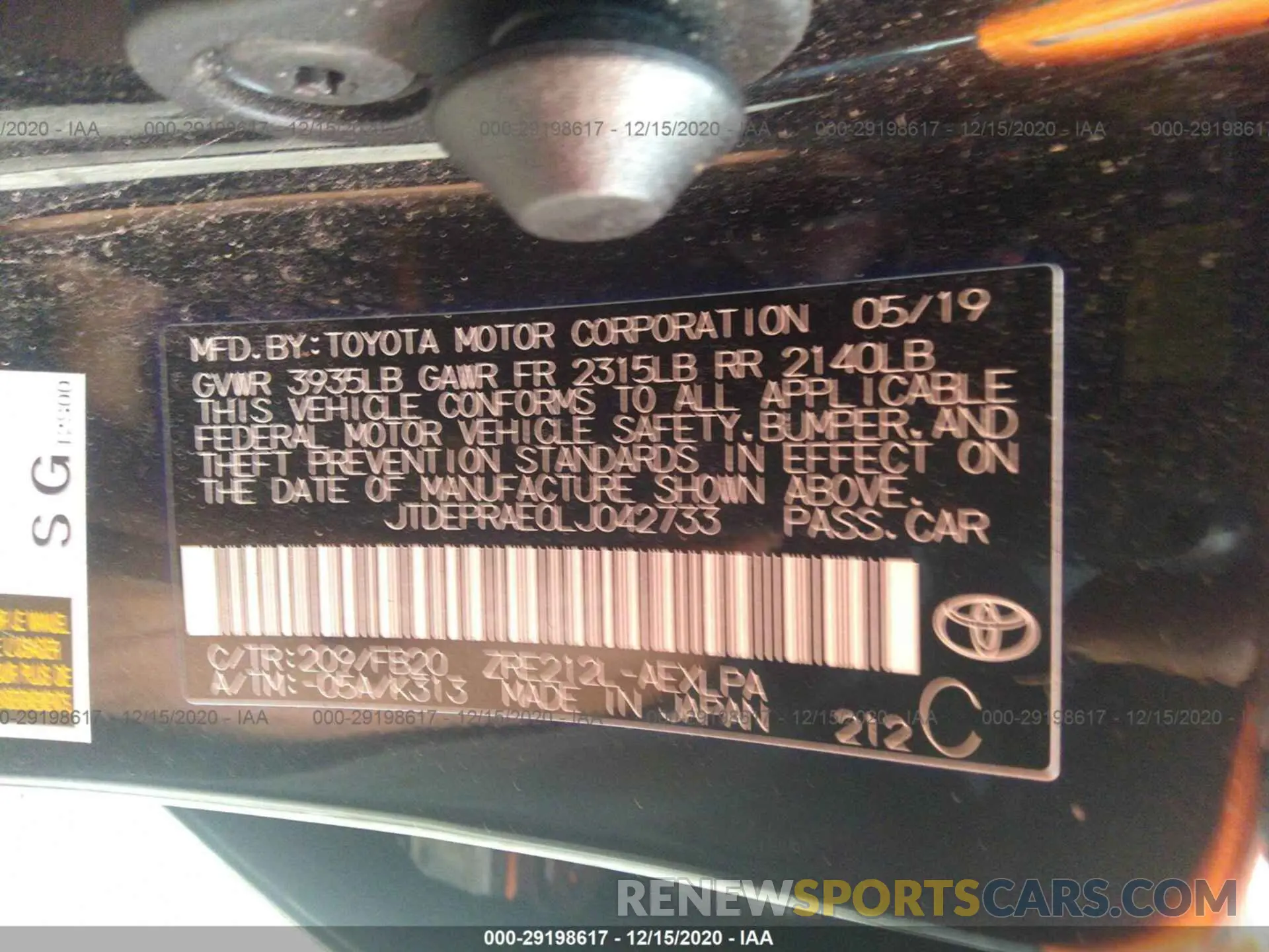 9 Photograph of a damaged car JTDEPRAE0LJ042733 TOYOTA COROLLA 2020