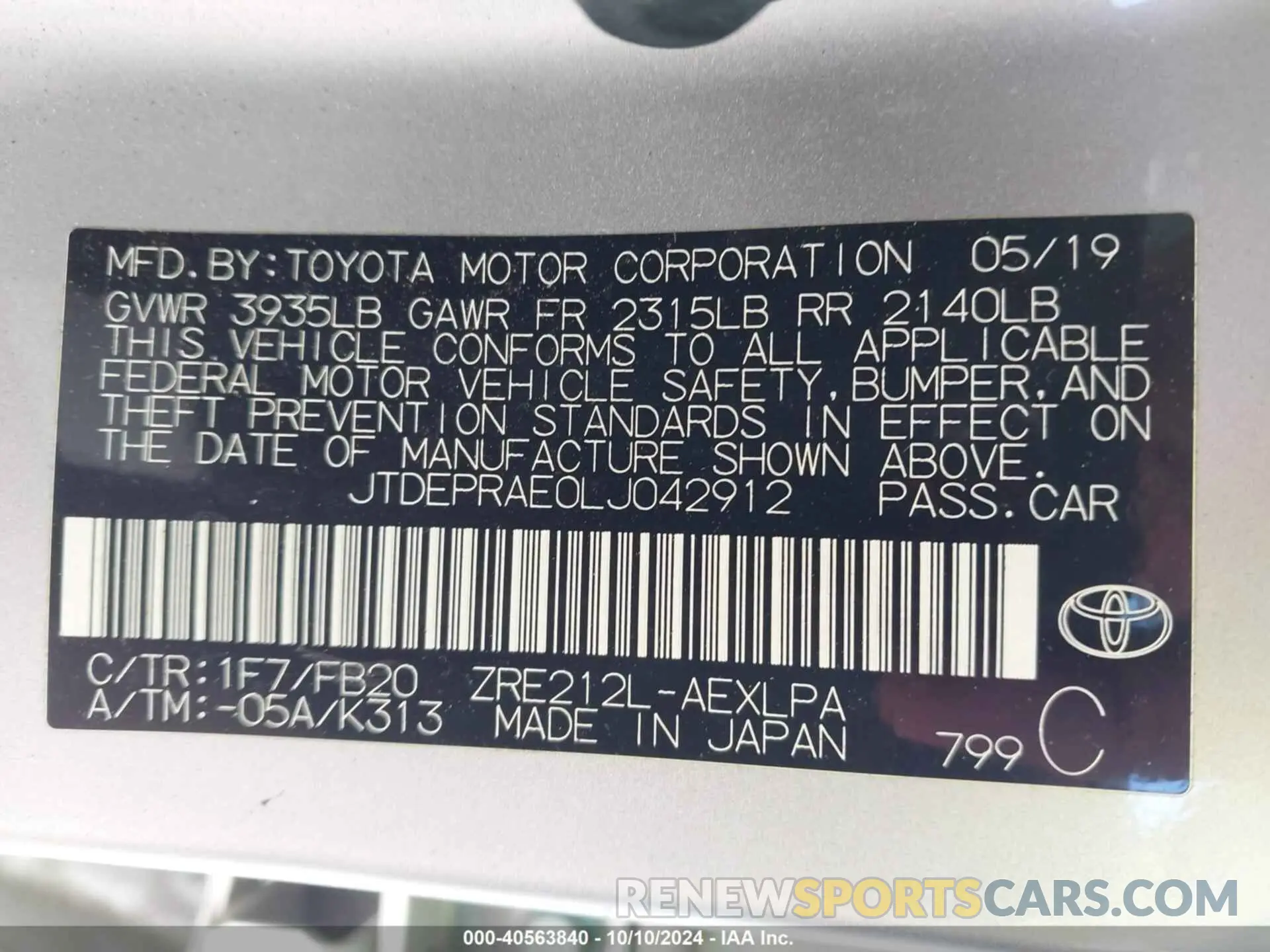 9 Фотография поврежденного автомобиля JTDEPRAE0LJ042912 TOYOTA COROLLA 2020
