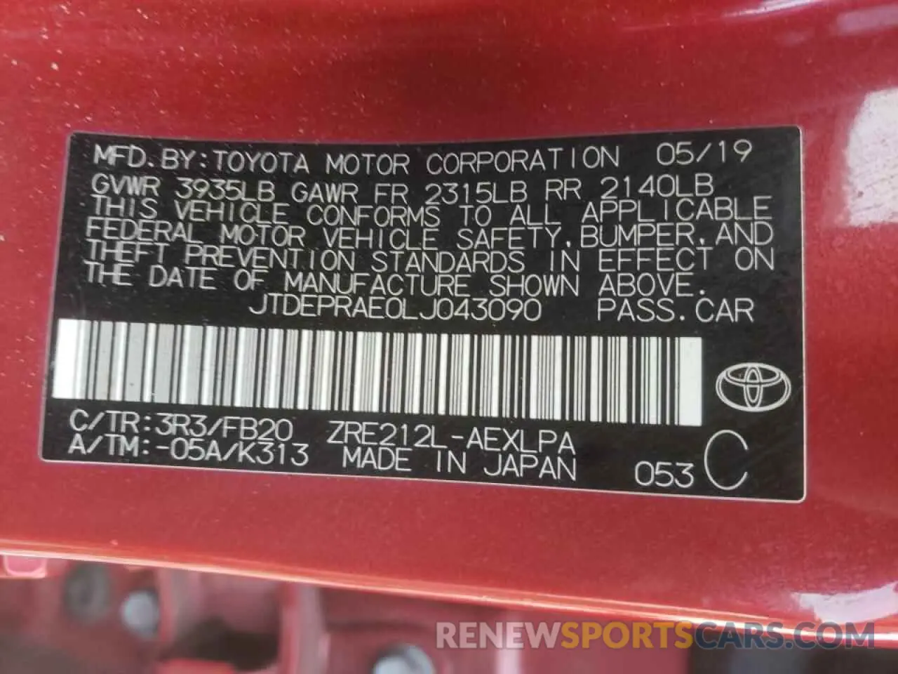 10 Photograph of a damaged car JTDEPRAE0LJ043090 TOYOTA COROLLA 2020