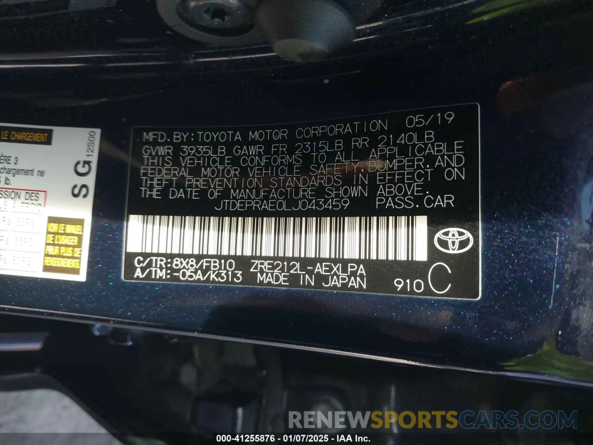 9 Photograph of a damaged car JTDEPRAE0LJ043459 TOYOTA COROLLA 2020
