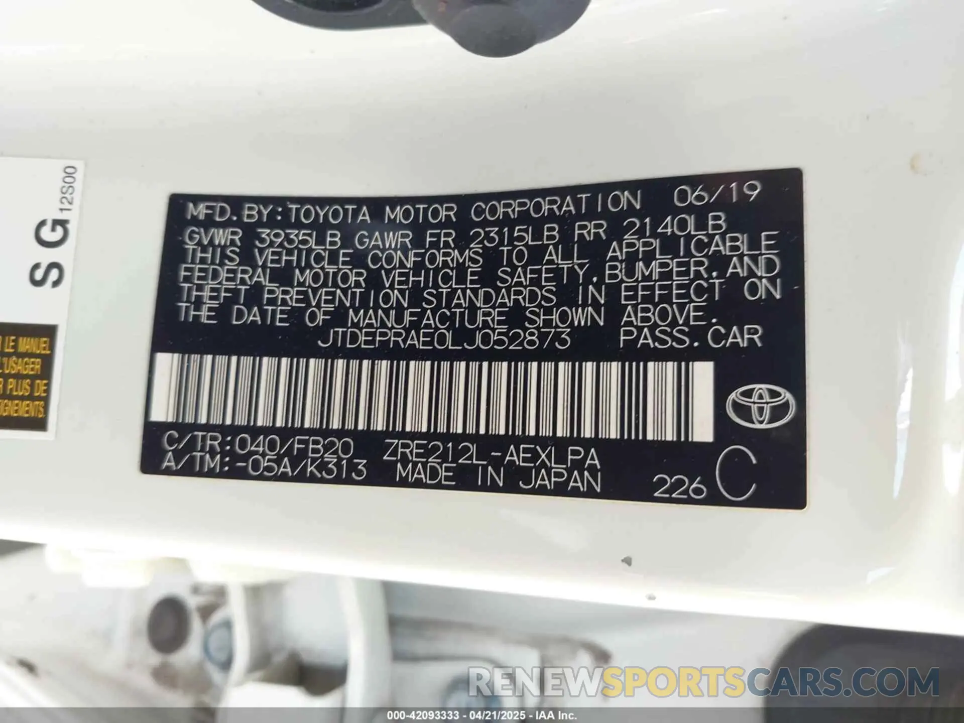 9 Фотография поврежденного автомобиля JTDEPRAE0LJ052873 TOYOTA COROLLA 2020