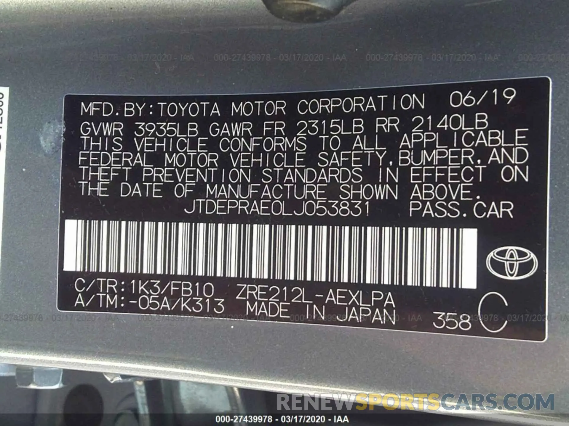9 Photograph of a damaged car JTDEPRAE0LJ053831 TOYOTA COROLLA 2020