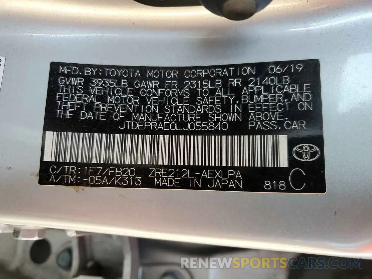 13 Photograph of a damaged car JTDEPRAE0LJ055840 TOYOTA COROLLA 2020