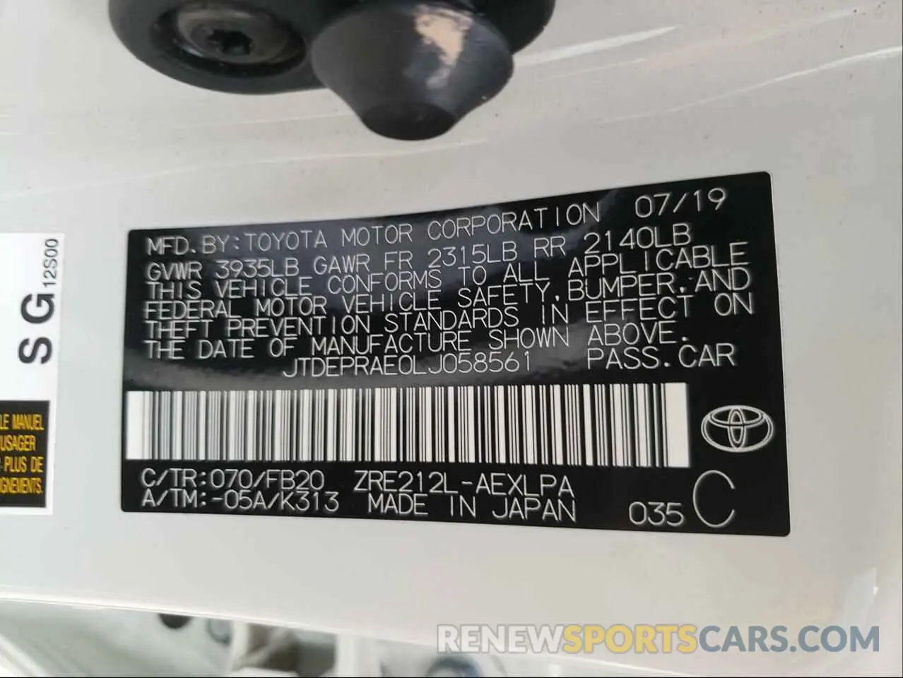 10 Photograph of a damaged car JTDEPRAE0LJ058561 TOYOTA COROLLA 2020