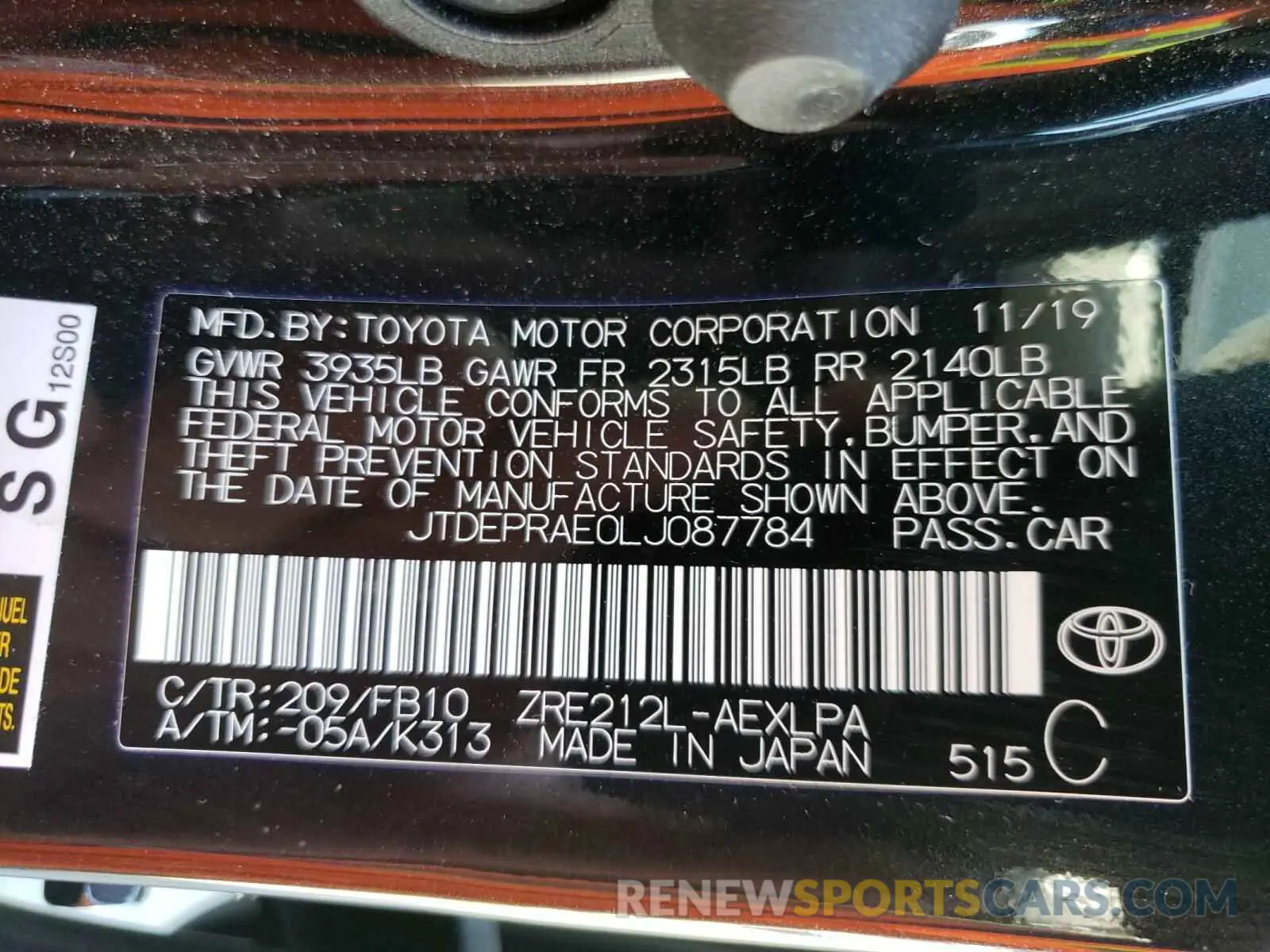 10 Photograph of a damaged car JTDEPRAE0LJ087784 TOYOTA COROLLA 2020