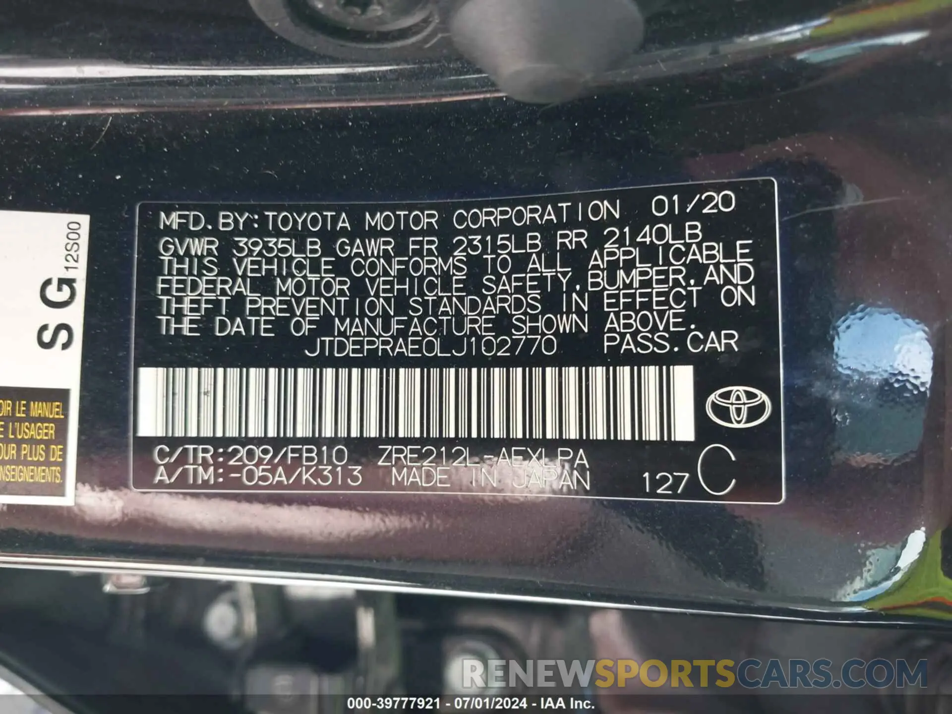 9 Фотография поврежденного автомобиля JTDEPRAE0LJ102770 TOYOTA COROLLA 2020