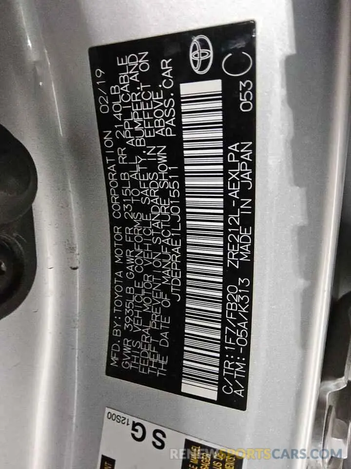 12 Фотография поврежденного автомобиля JTDEPRAE1LJ015511 TOYOTA COROLLA 2020
