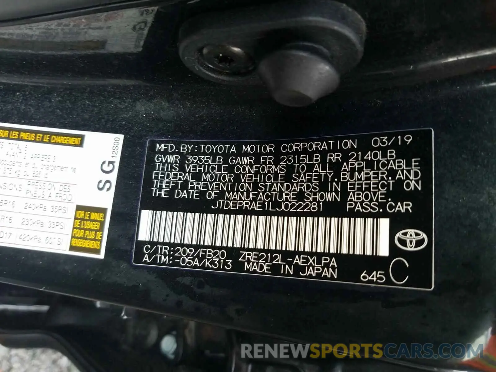 10 Photograph of a damaged car JTDEPRAE1LJ022281 TOYOTA COROLLA 2020