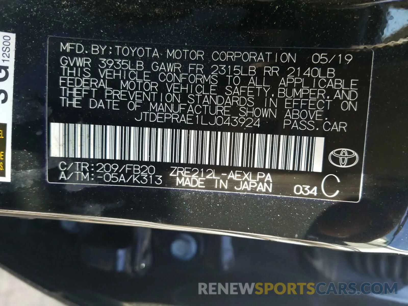 10 Photograph of a damaged car JTDEPRAE1LJ043924 TOYOTA COROLLA 2020