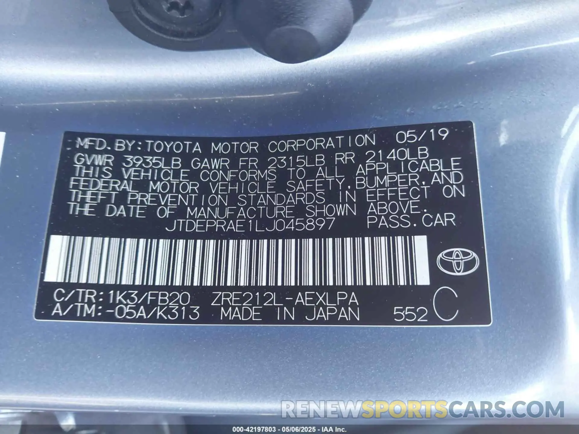 9 Photograph of a damaged car JTDEPRAE1LJ045897 TOYOTA COROLLA 2020