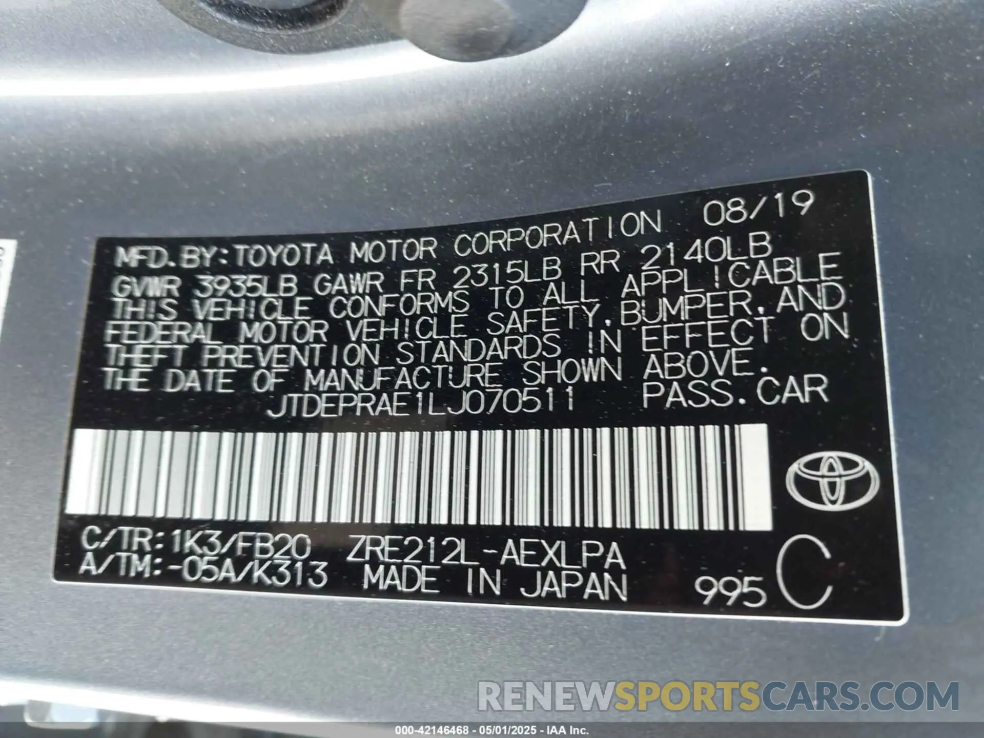 9 Фотография поврежденного автомобиля JTDEPRAE1LJ070511 TOYOTA COROLLA 2020