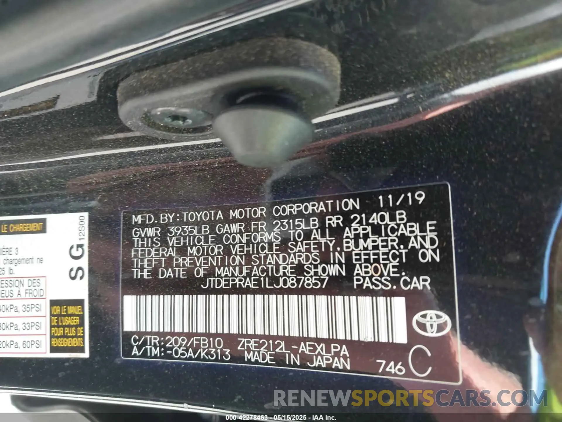 9 Photograph of a damaged car JTDEPRAE1LJ087857 TOYOTA COROLLA 2020