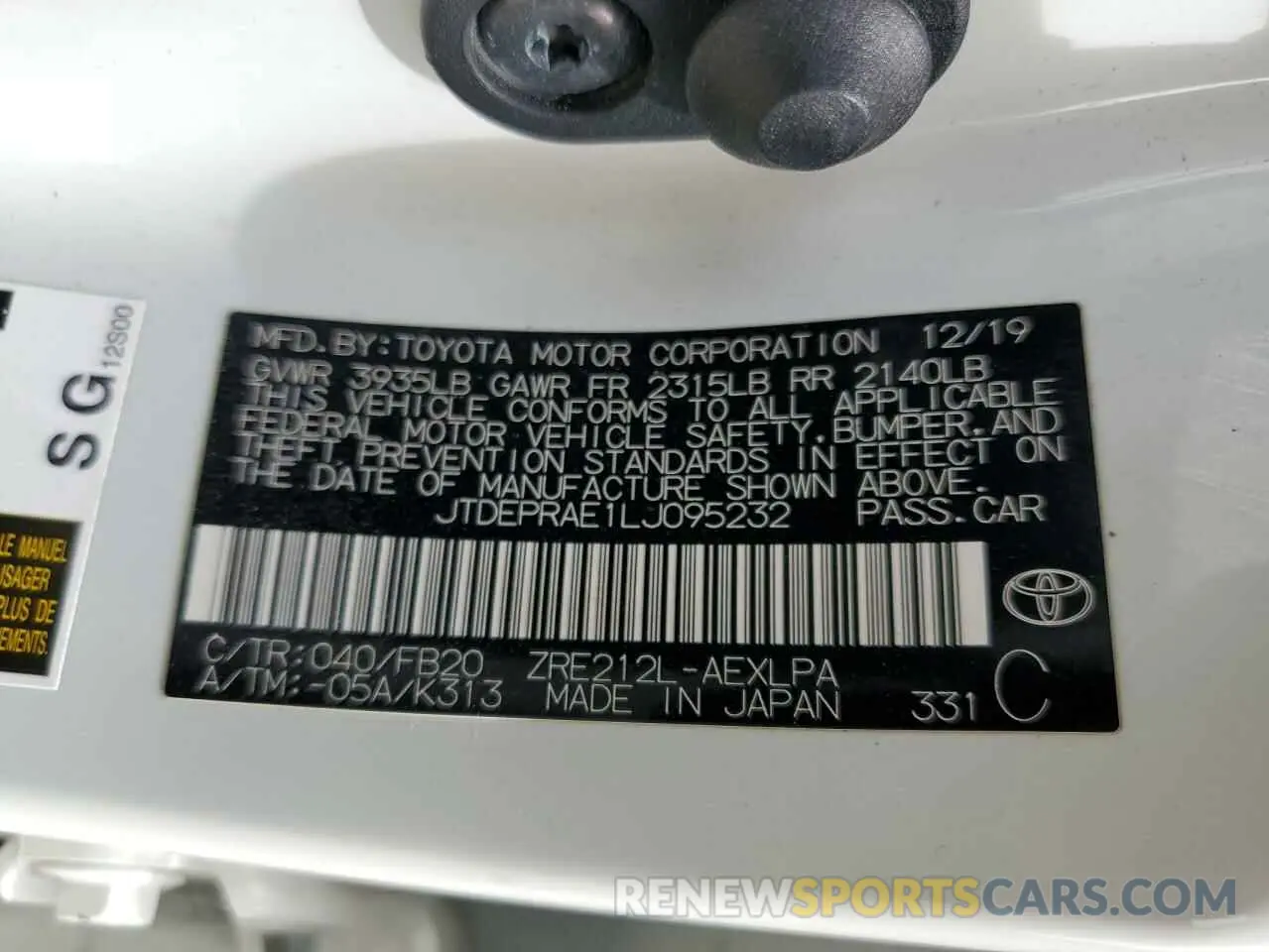 12 Фотография поврежденного автомобиля JTDEPRAE1LJ095232 TOYOTA COROLLA 2020