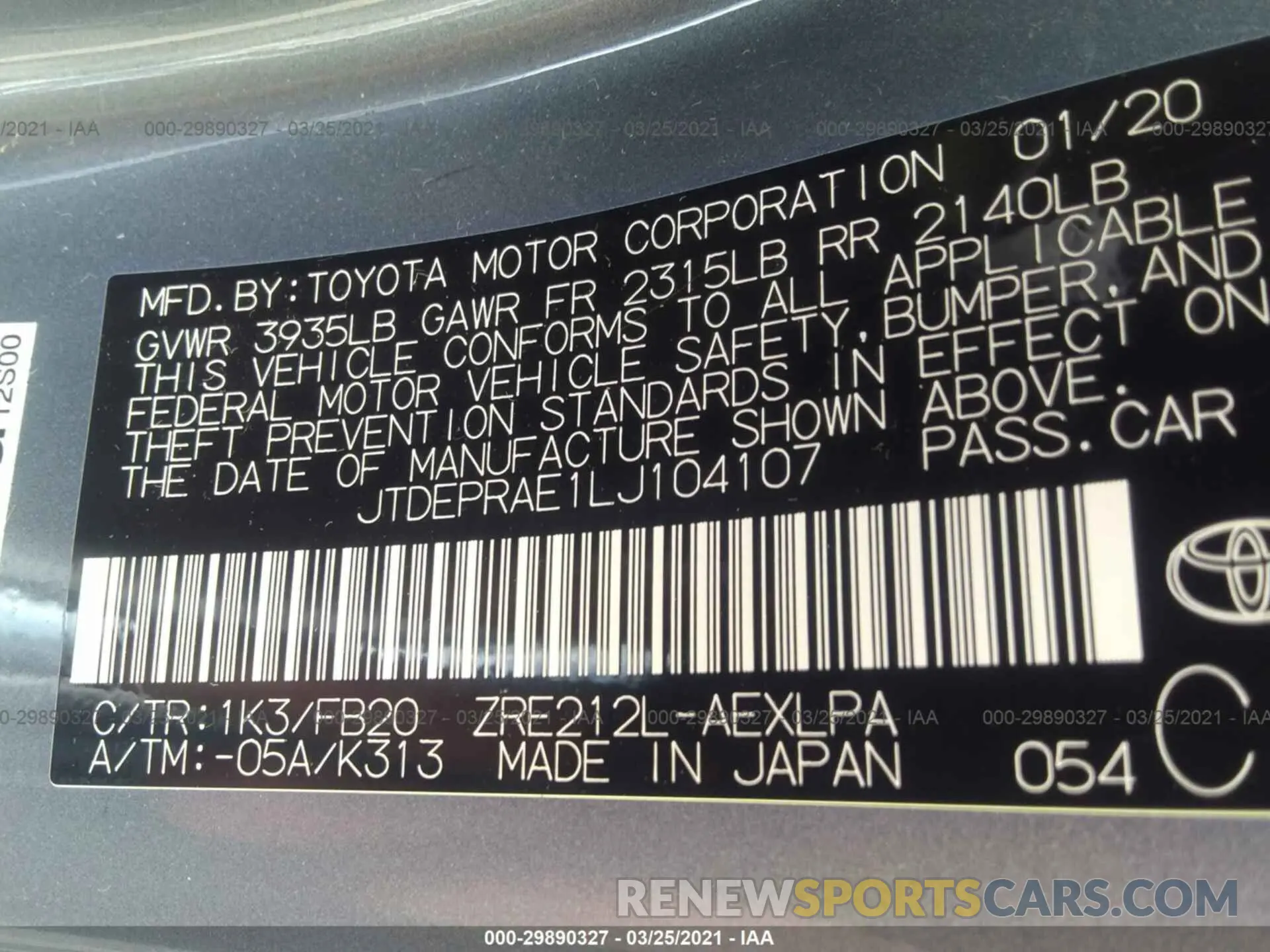 9 Photograph of a damaged car JTDEPRAE1LJ104107 TOYOTA COROLLA 2020