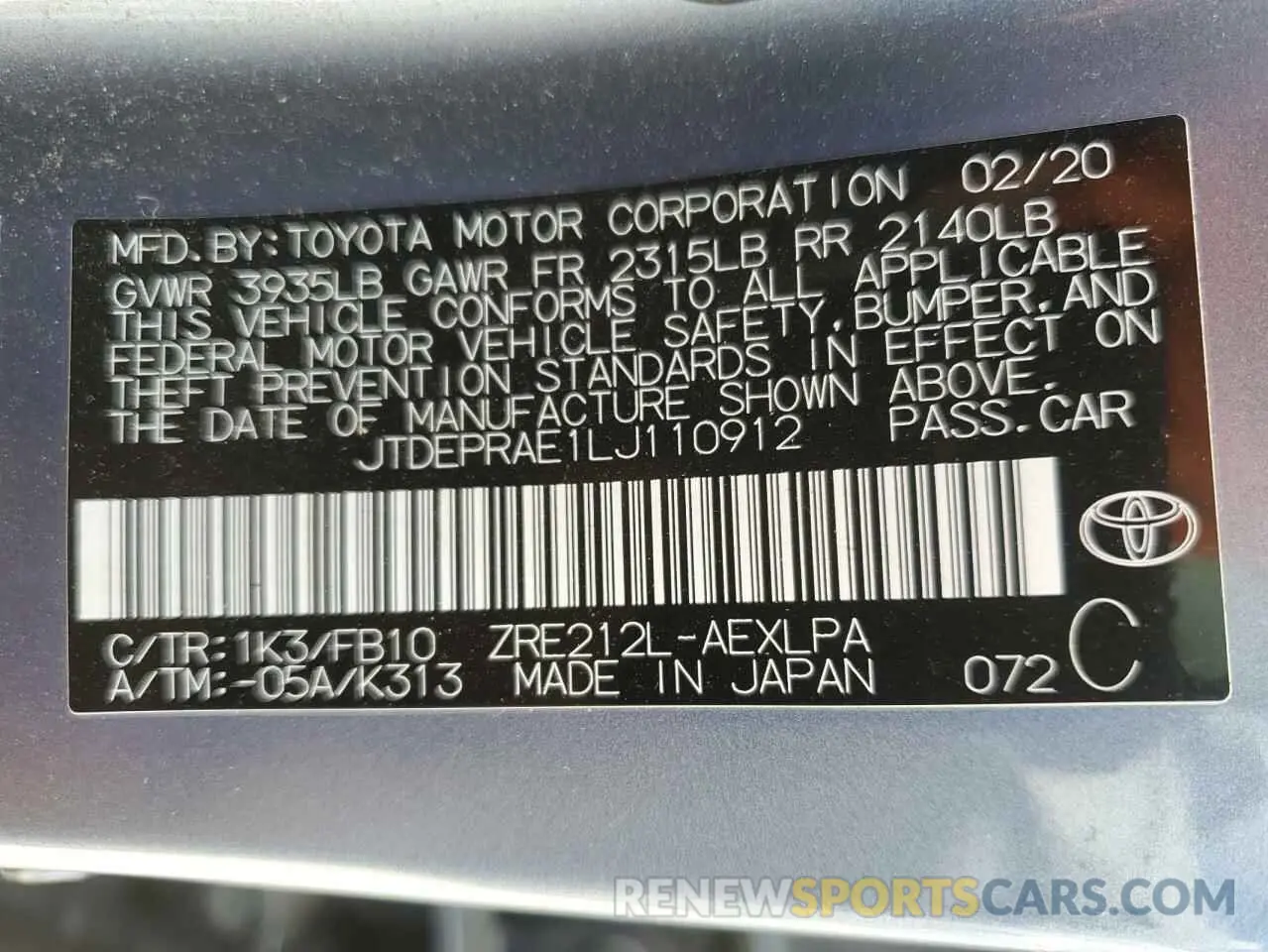 12 Photograph of a damaged car JTDEPRAE1LJ110912 TOYOTA COROLLA 2020