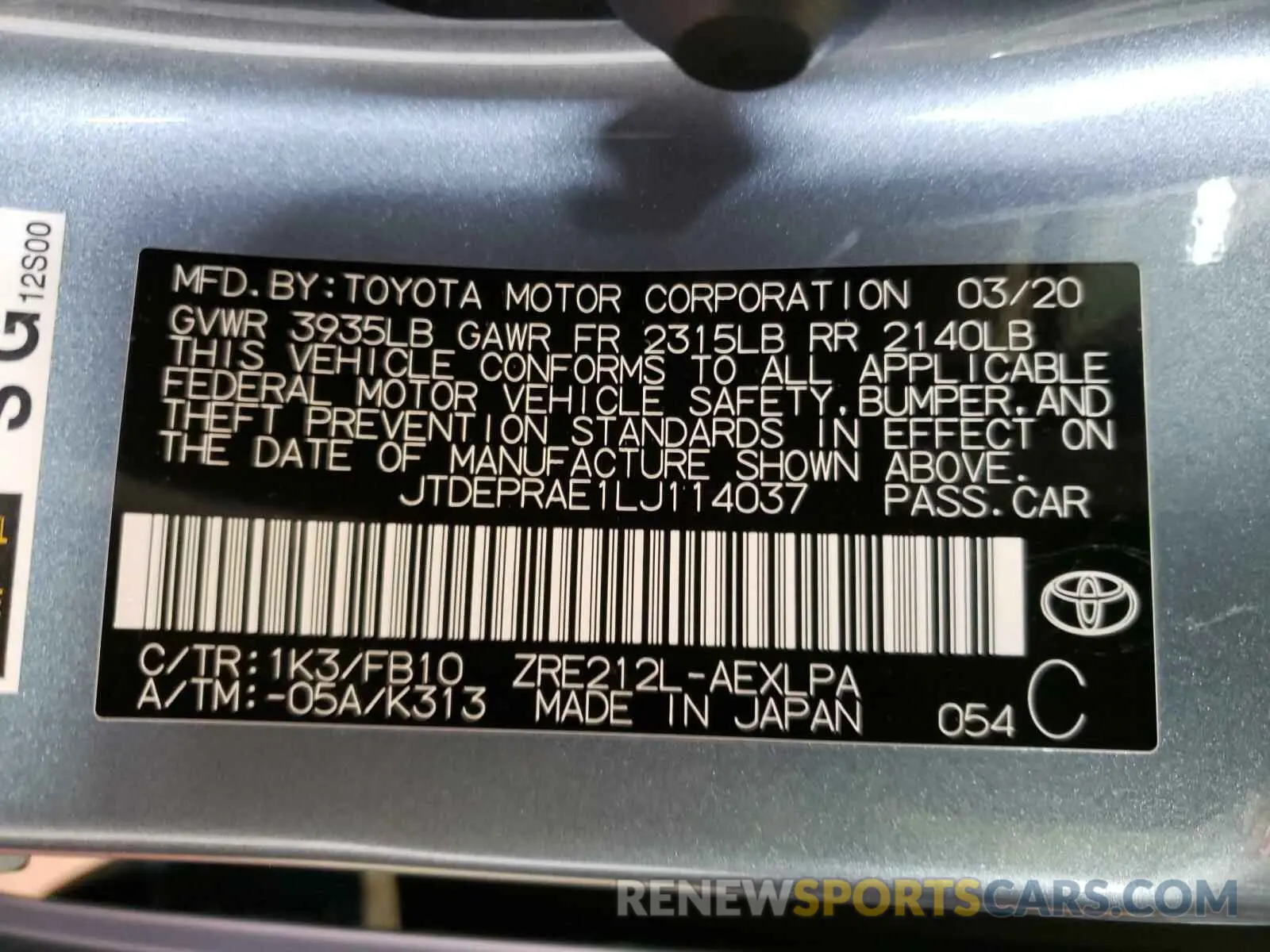 10 Photograph of a damaged car JTDEPRAE1LJ114037 TOYOTA COROLLA 2020