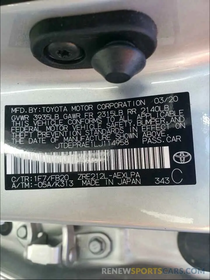10 Photograph of a damaged car JTDEPRAE1LJ114958 TOYOTA COROLLA 2020