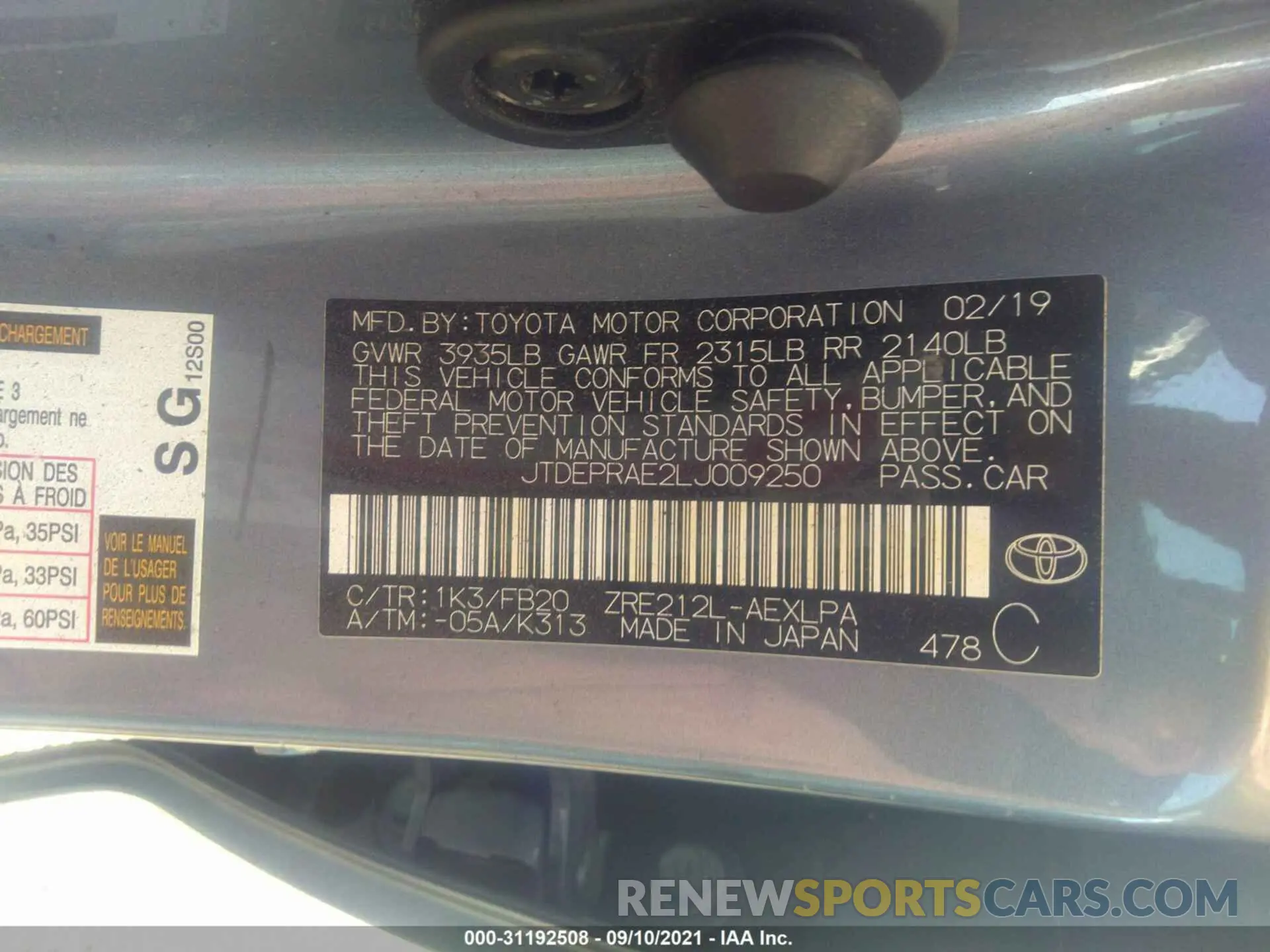 9 Photograph of a damaged car JTDEPRAE2LJ009250 TOYOTA COROLLA 2020