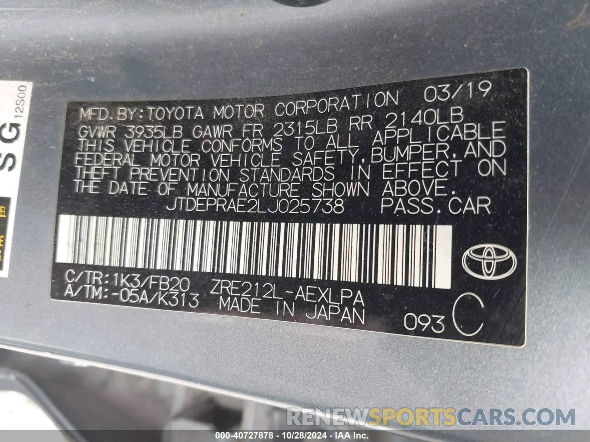 9 Photograph of a damaged car JTDEPRAE2LJ025738 TOYOTA COROLLA 2020