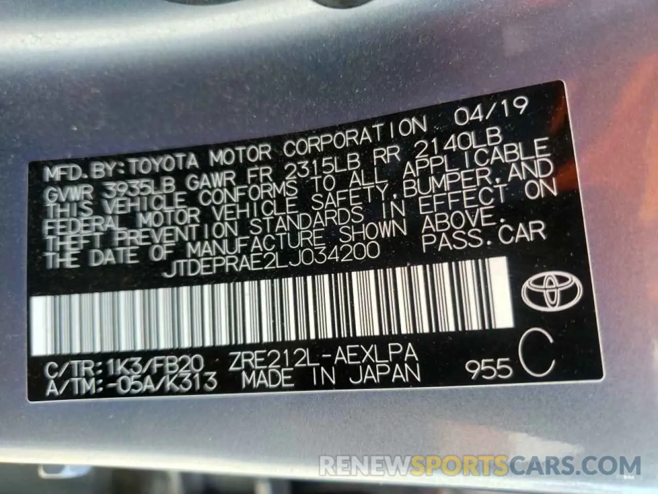 10 Photograph of a damaged car JTDEPRAE2LJ034200 TOYOTA COROLLA 2020