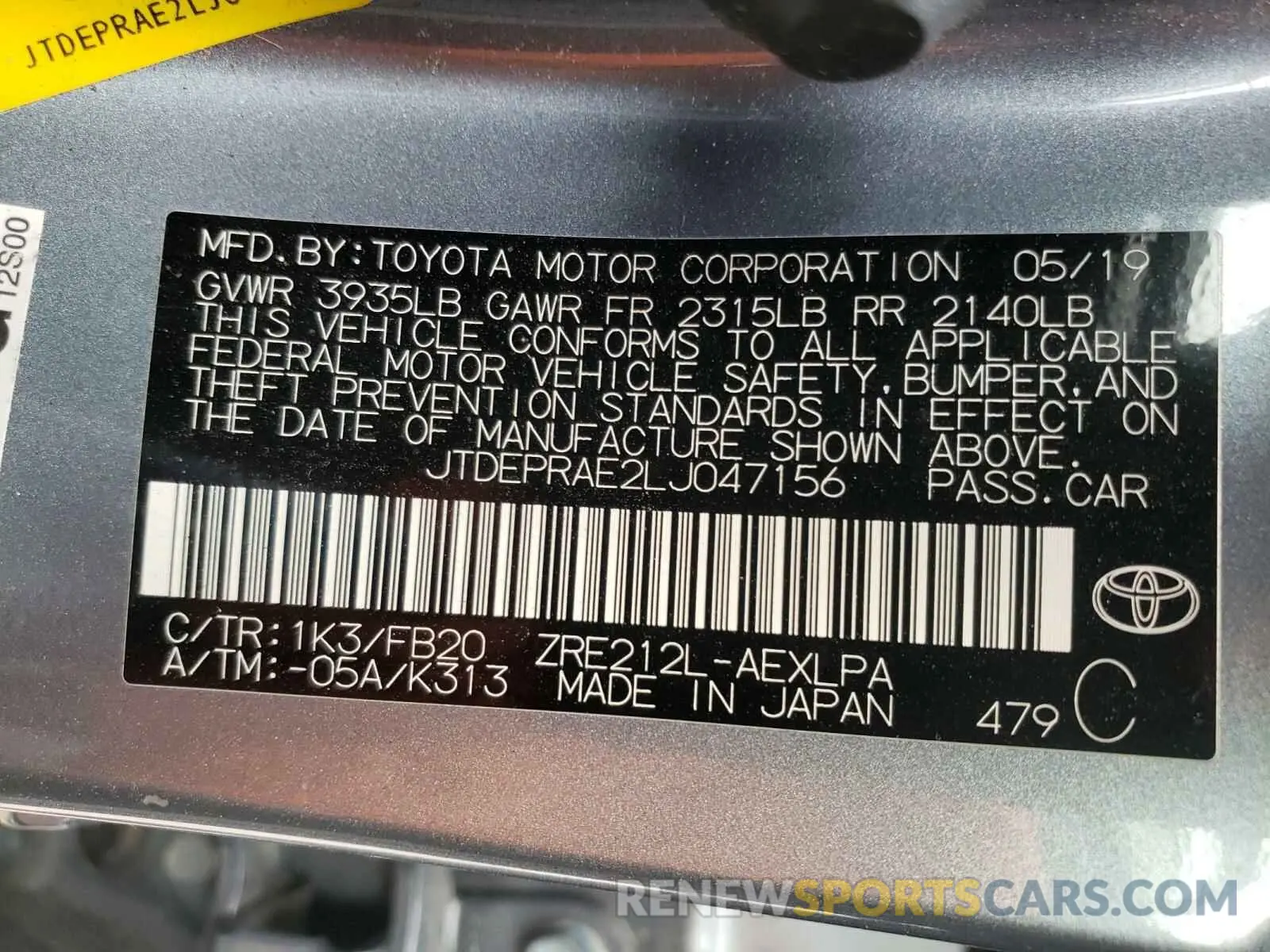 10 Photograph of a damaged car JTDEPRAE2LJ047156 TOYOTA COROLLA 2020