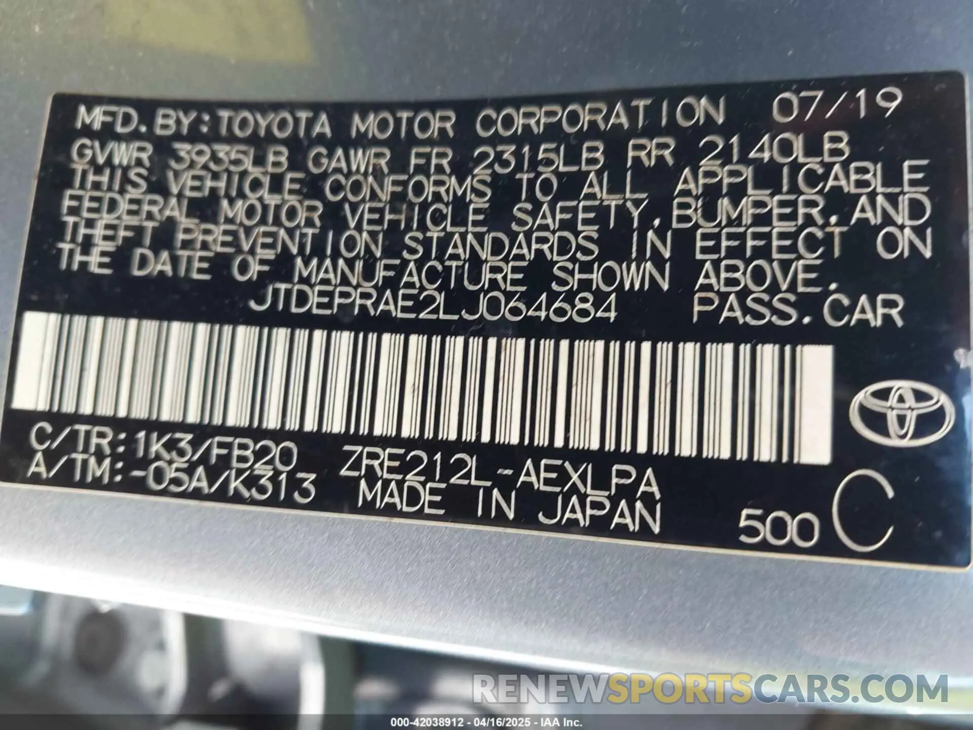 9 Photograph of a damaged car JTDEPRAE2LJ064684 TOYOTA COROLLA 2020