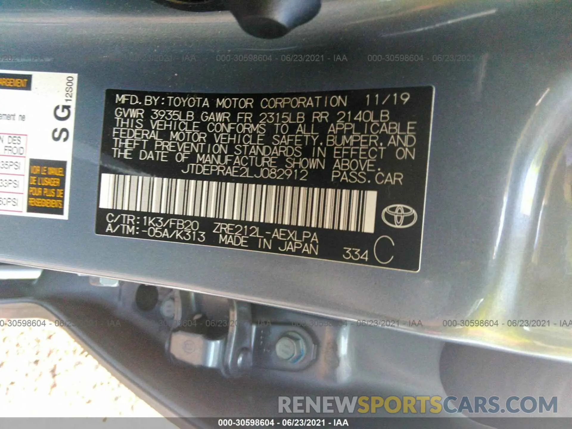 9 Photograph of a damaged car JTDEPRAE2LJ082912 TOYOTA COROLLA 2020