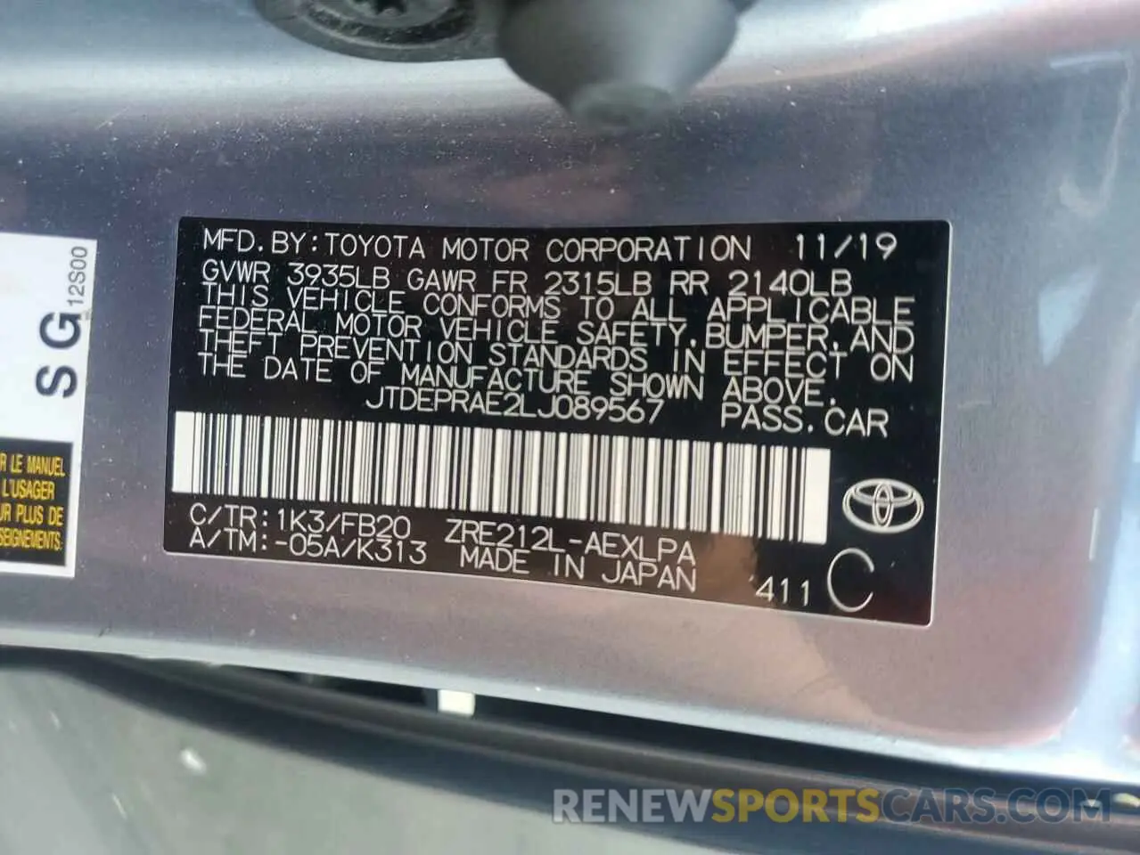 12 Photograph of a damaged car JTDEPRAE2LJ089567 TOYOTA COROLLA 2020