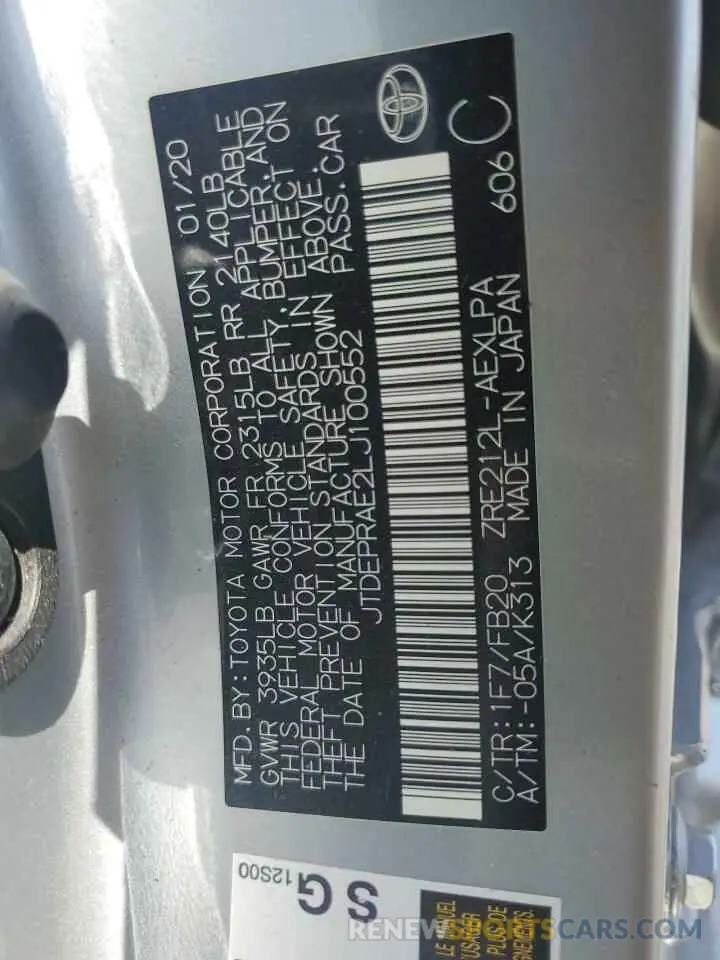 12 Фотография поврежденного автомобиля JTDEPRAE2LJ100552 TOYOTA COROLLA 2020