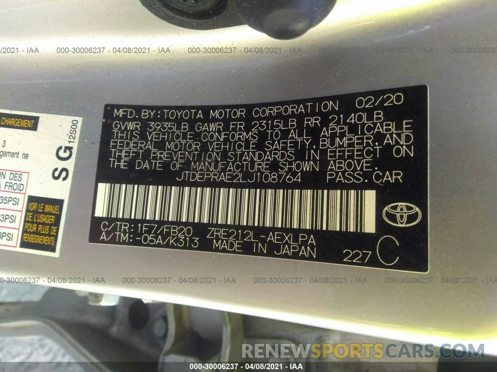 9 Photograph of a damaged car JTDEPRAE2LJ108764 TOYOTA COROLLA 2020