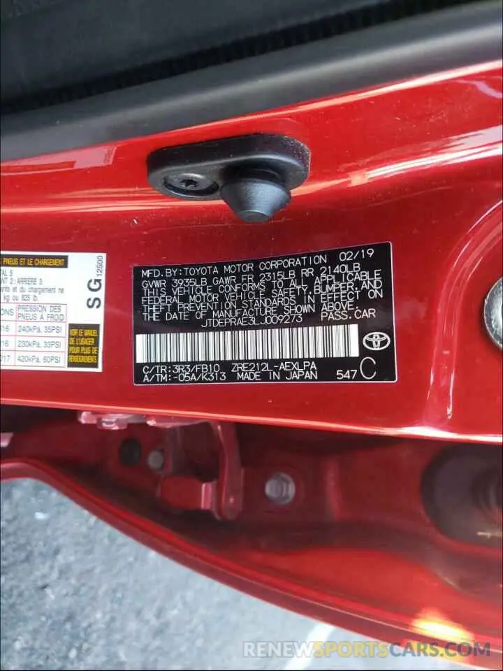 10 Photograph of a damaged car JTDEPRAE3LJ009273 TOYOTA COROLLA 2020