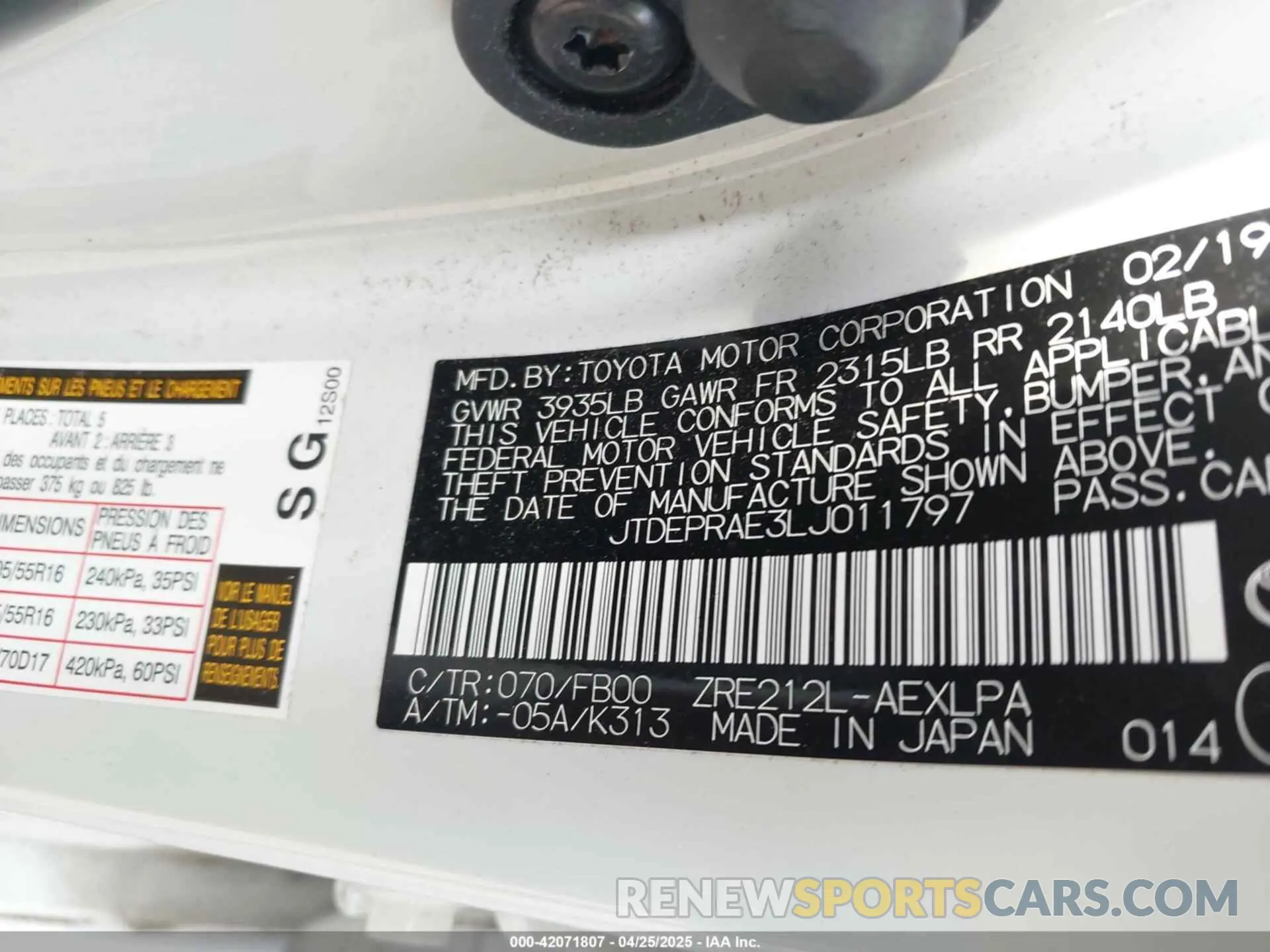 9 Фотография поврежденного автомобиля JTDEPRAE3LJ011797 TOYOTA COROLLA 2020
