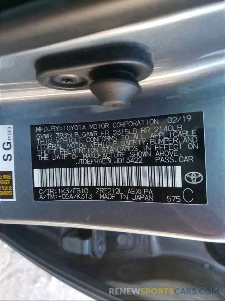 10 Photograph of a damaged car JTDEPRAE3LJ013422 TOYOTA COROLLA 2020