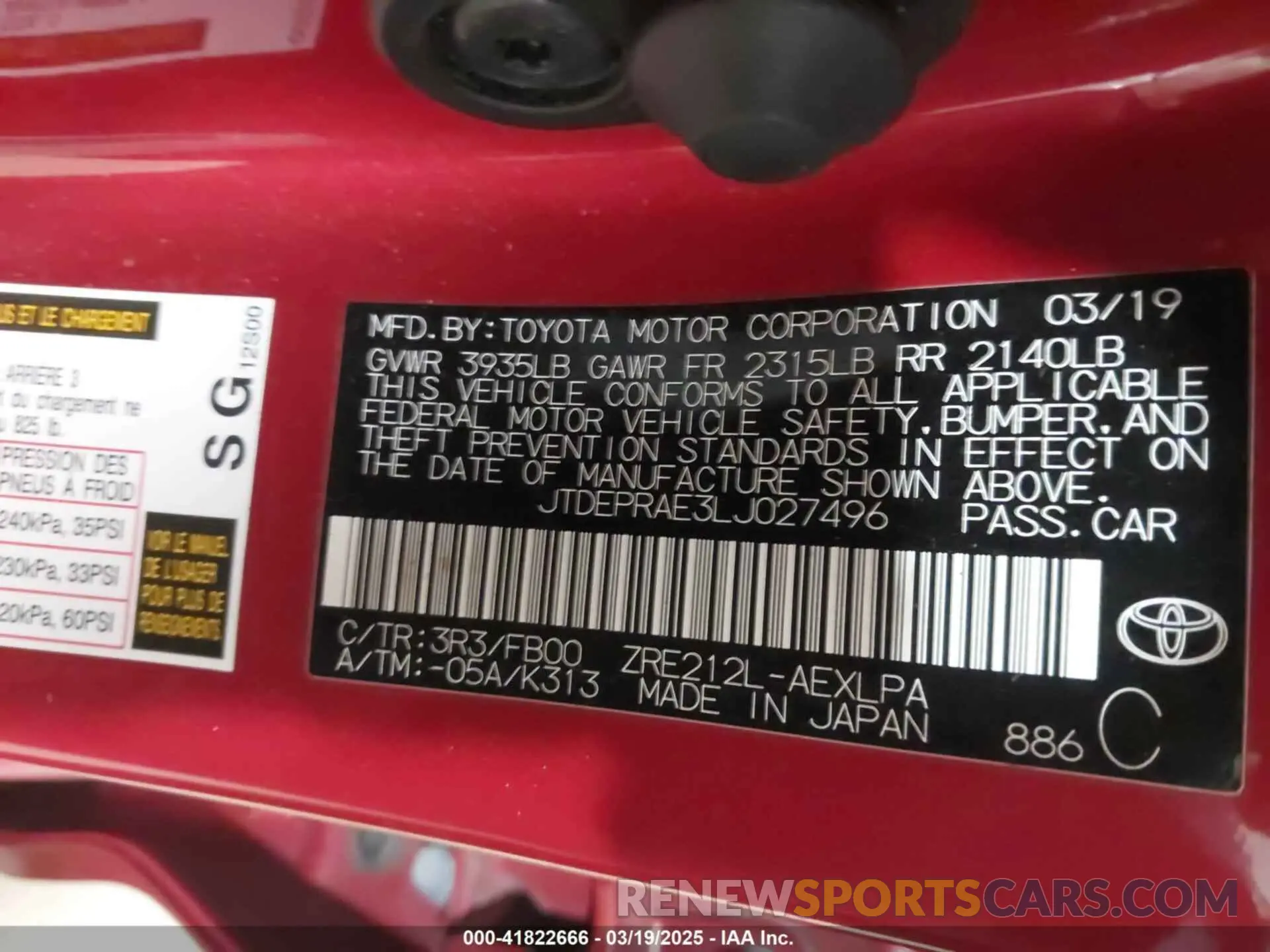 9 Photograph of a damaged car JTDEPRAE3LJ027496 TOYOTA COROLLA 2020
