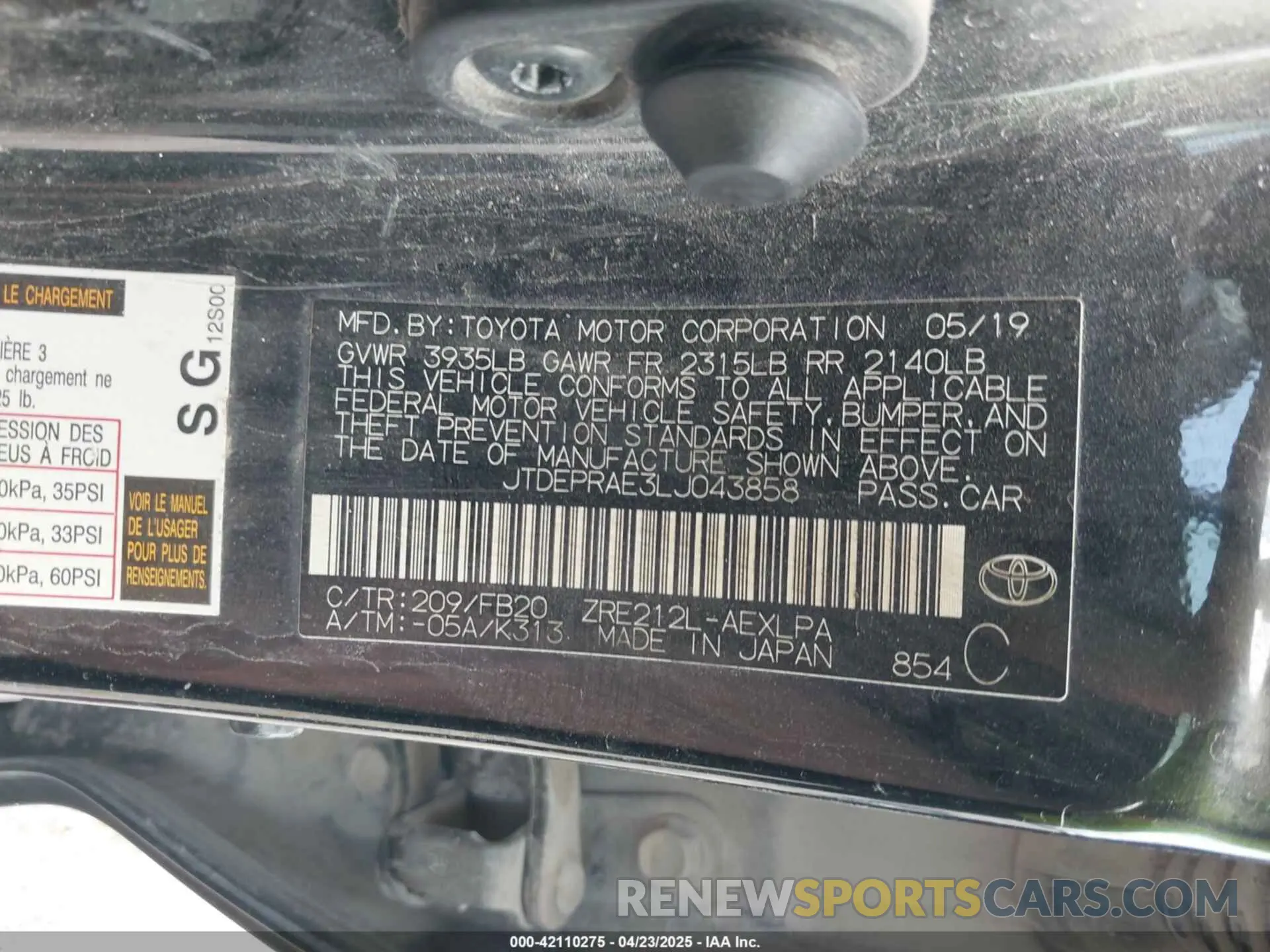 9 Фотография поврежденного автомобиля JTDEPRAE3LJ043858 TOYOTA COROLLA 2020