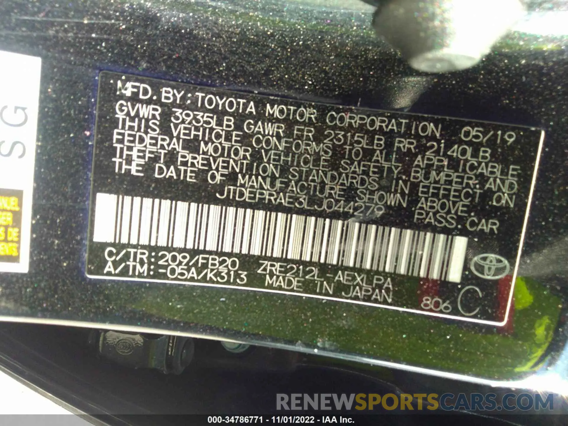 9 Фотография поврежденного автомобиля JTDEPRAE3LJ044279 TOYOTA COROLLA 2020