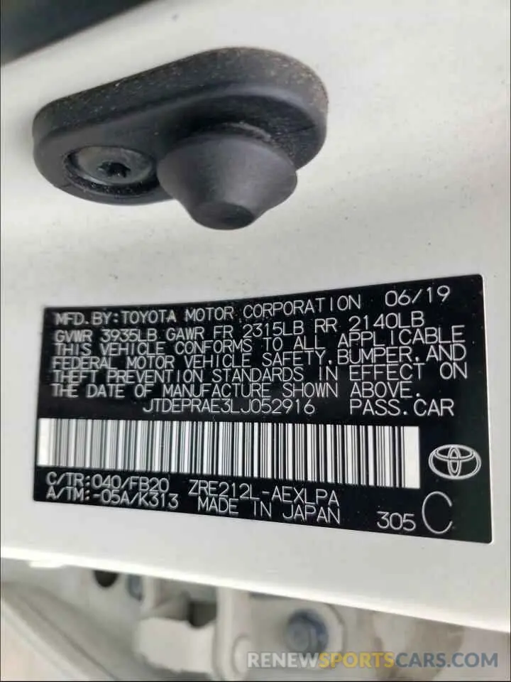 10 Photograph of a damaged car JTDEPRAE3LJ052916 TOYOTA COROLLA 2020